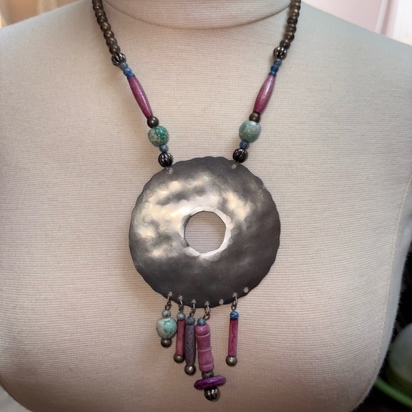 Boho Statement Necklace – Hammered Metal Disc Pendant with Colorful Beads - Picture 2 of 4